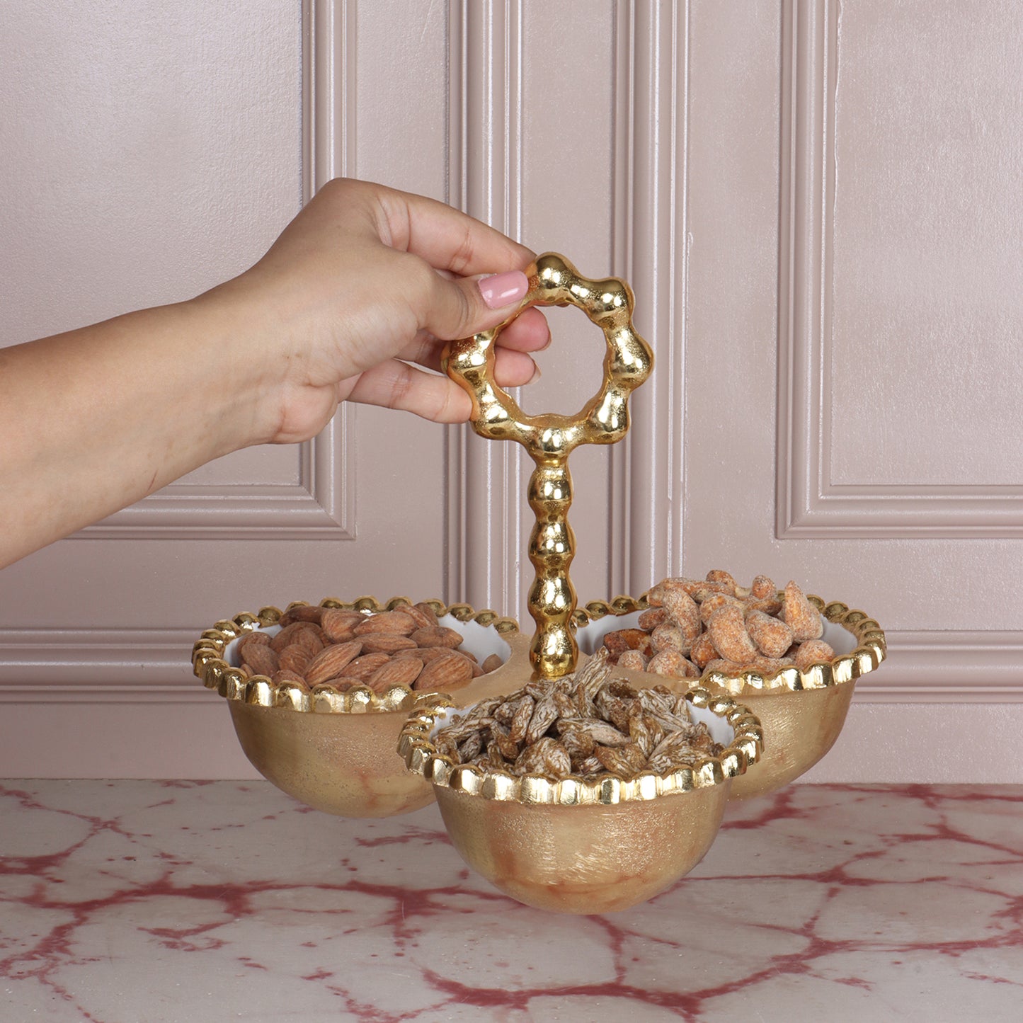 Crafted Metal Tray with Trio of Bowls