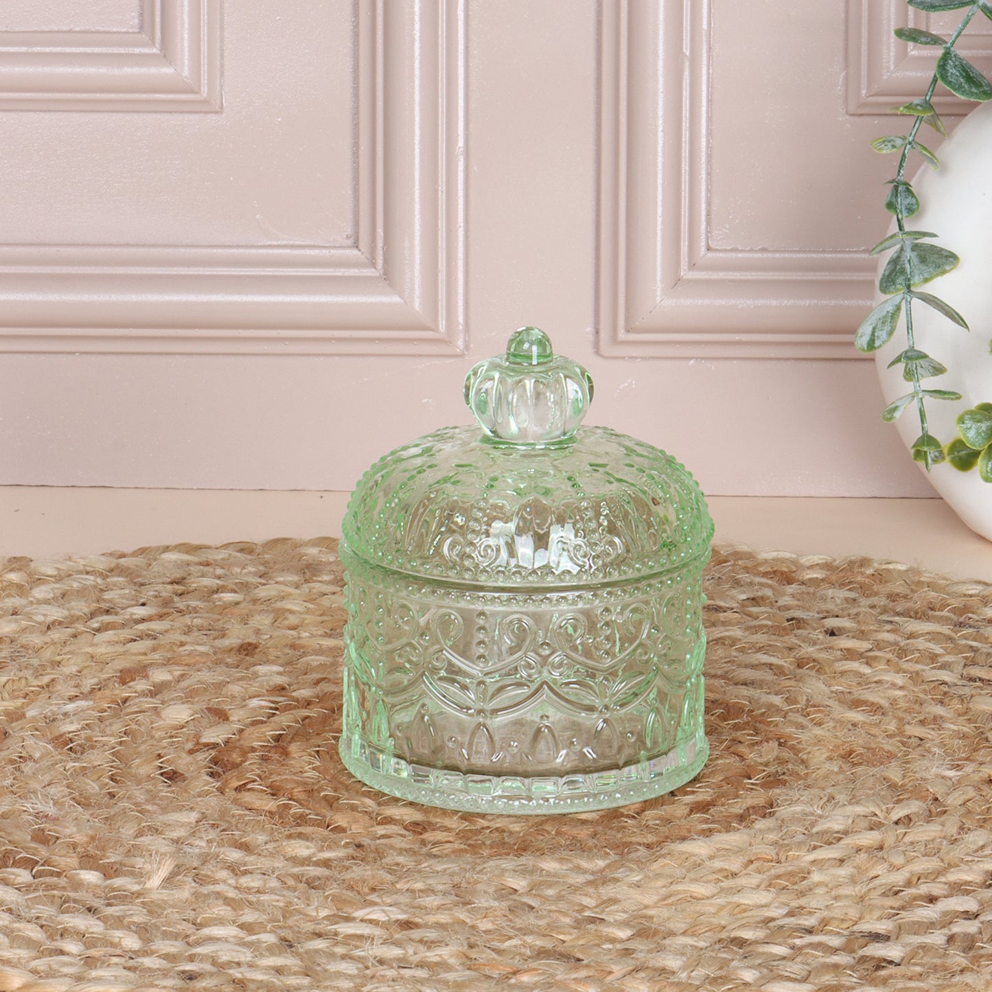 Crown Green Glass Candy Jar with Lid