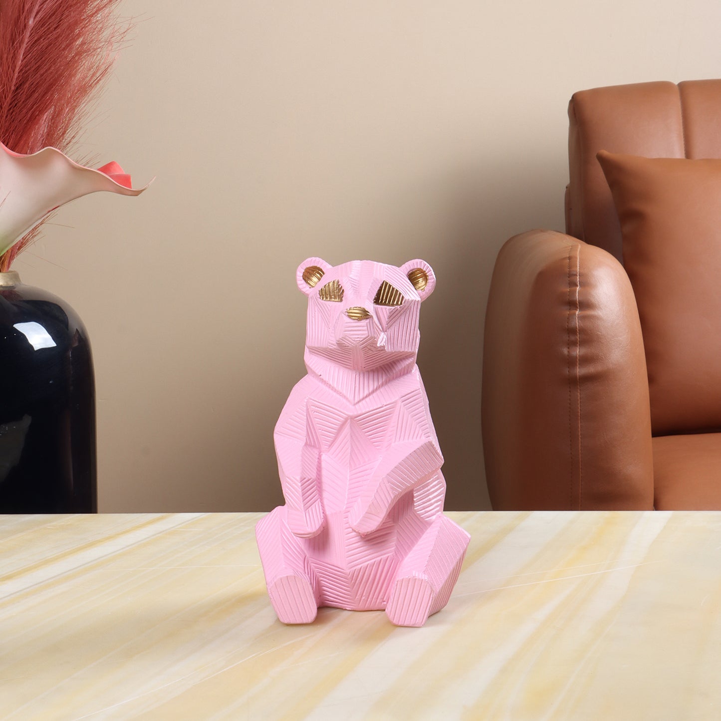 Geometric Pink Bear Sculpture with Gold Accents