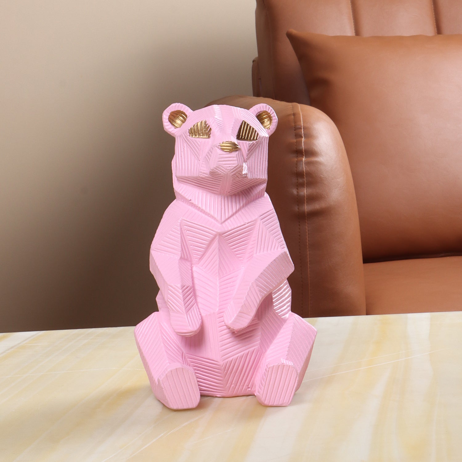 Geometric Pink Bear Sculpture with Gold Accents