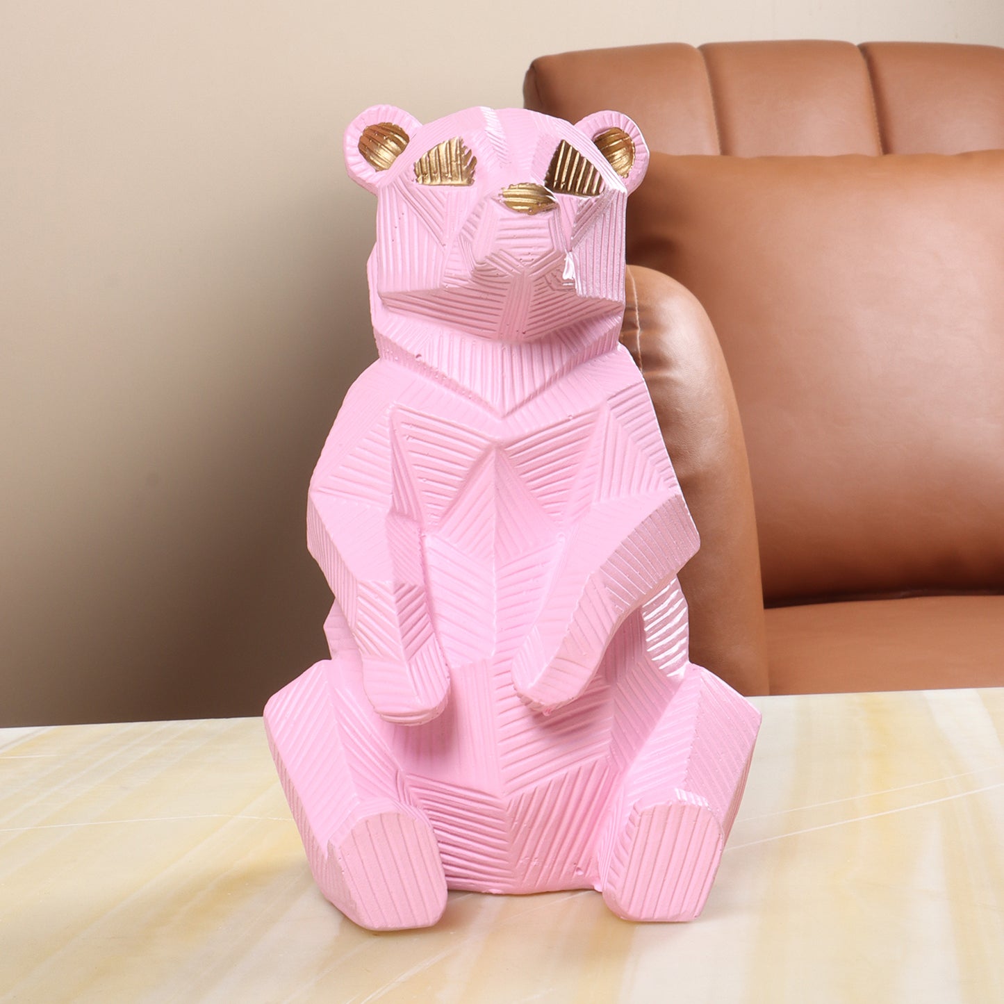 Geometric Pink Bear Sculpture with Gold Accents