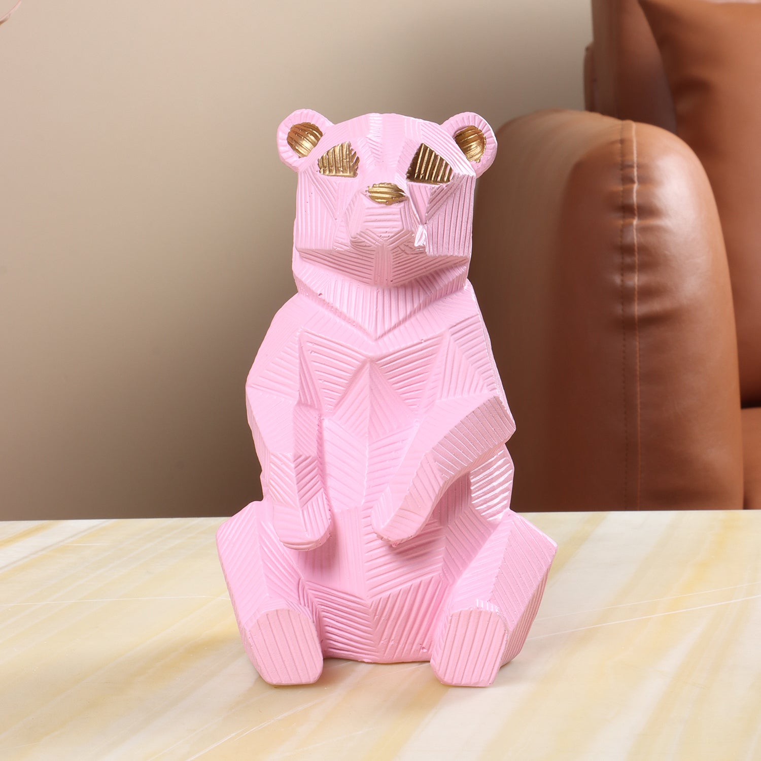 Geometric Pink Bear Sculpture with Gold Accents