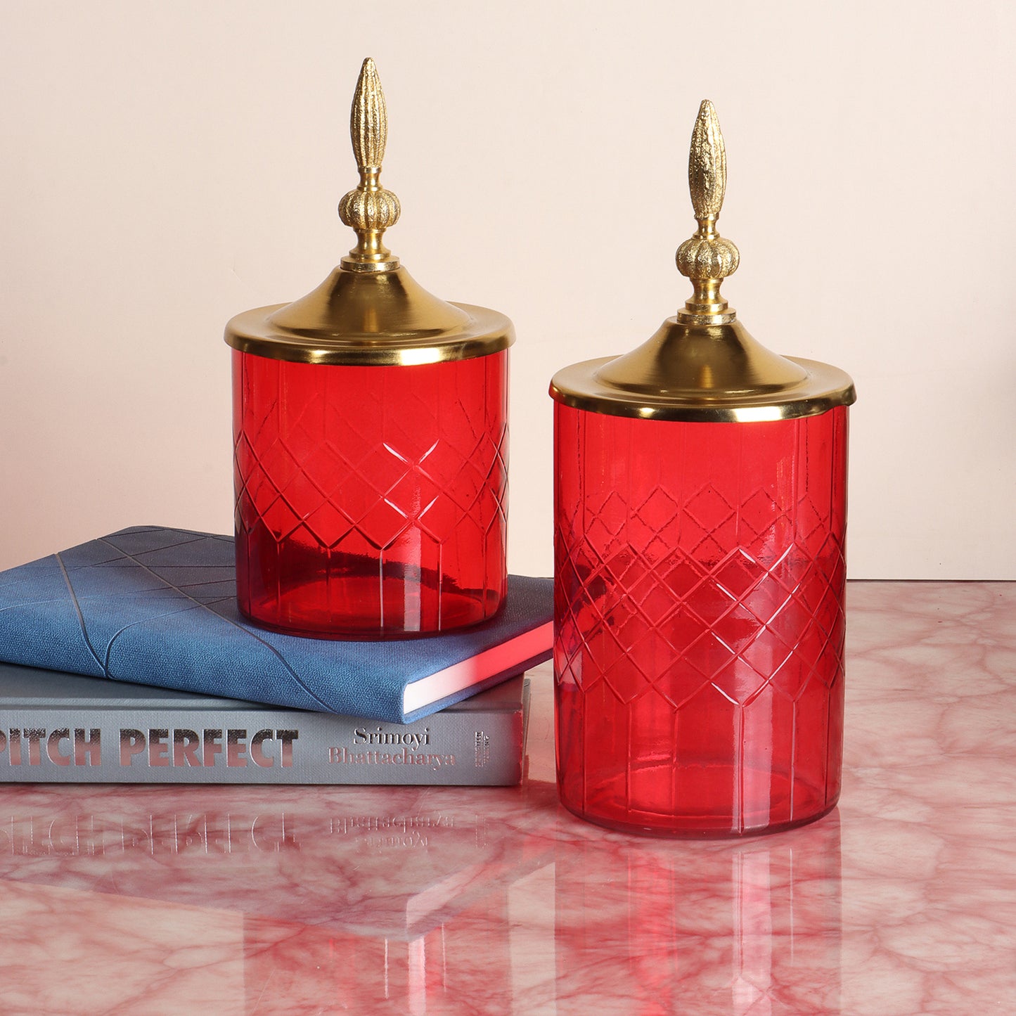 Royal Red Set of Two: Majestic Mahal-Topped Canisters, Big and Small