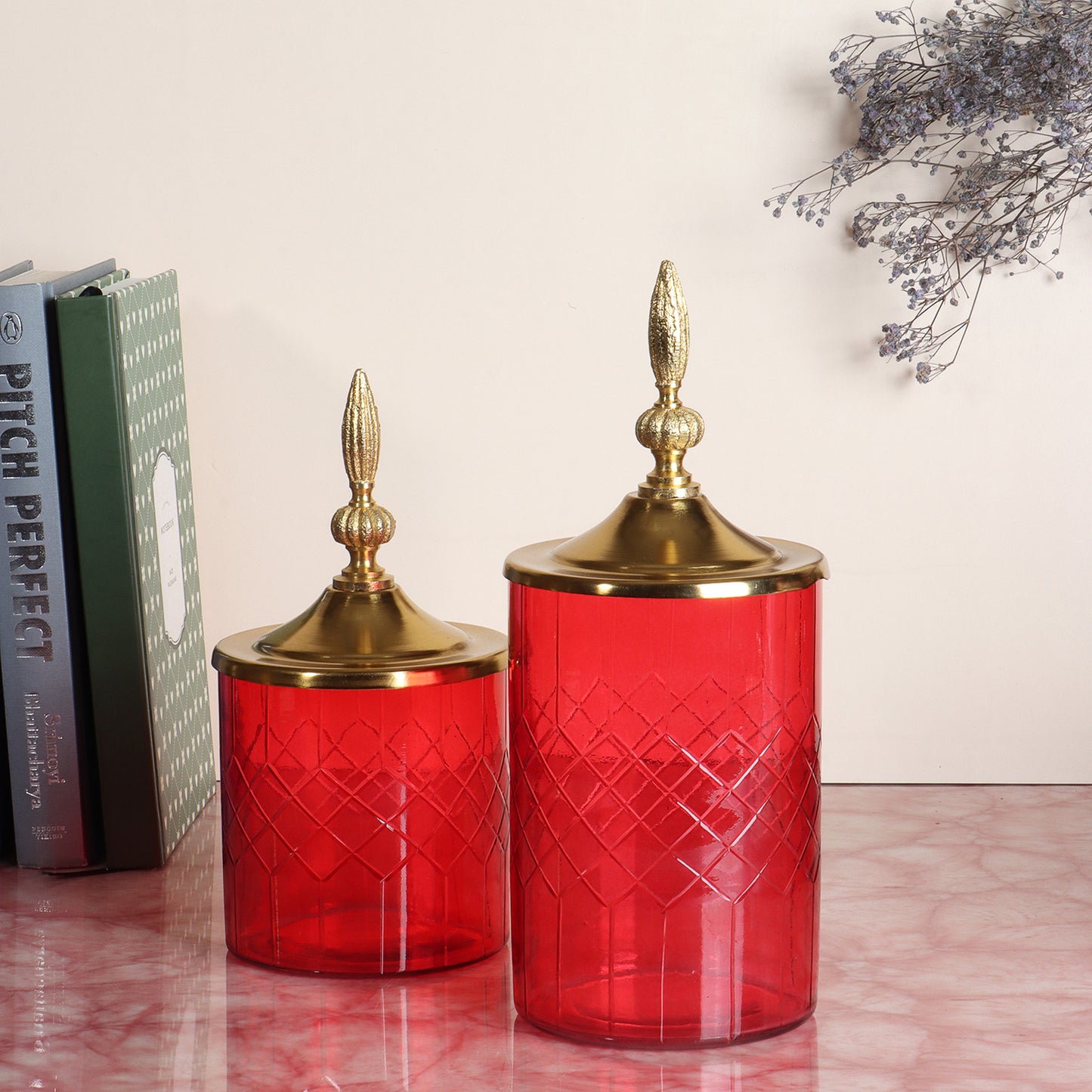 Royal Red Set of Two: Majestic Mahal-Topped Canisters, Big and Small