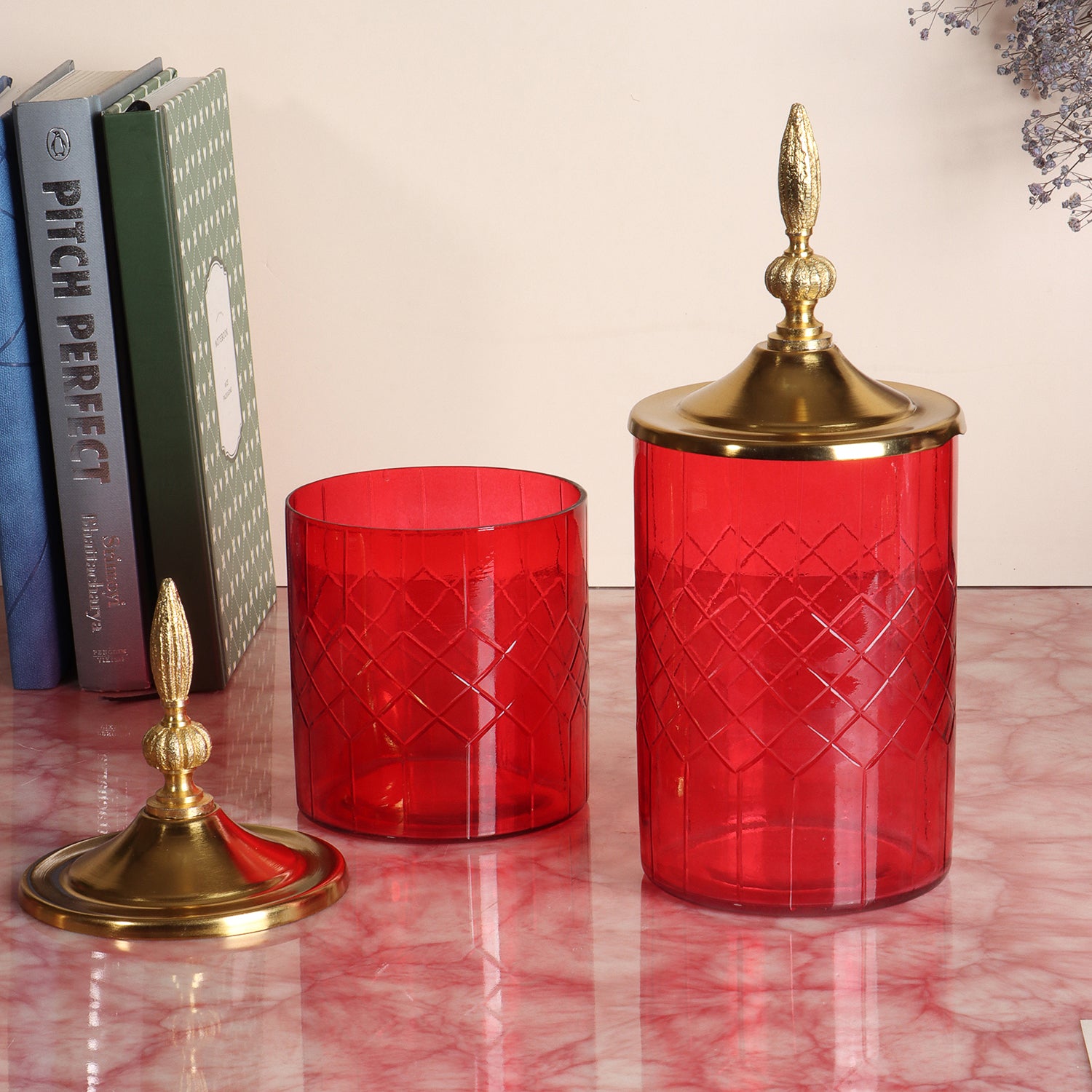 Royal Red Set of Two: Majestic Mahal-Topped Canisters, Big and Small