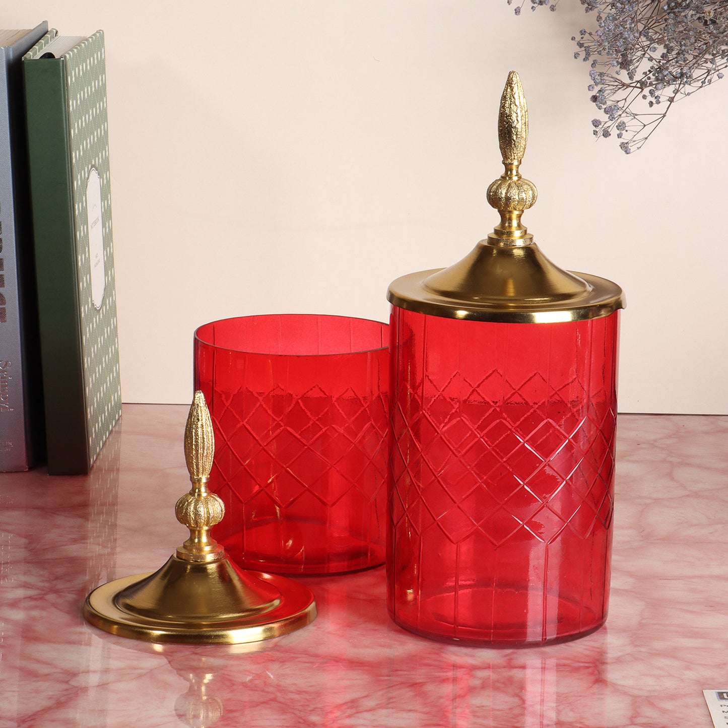 Royal Red Set of Two: Majestic Mahal-Topped Canisters, Big and Small