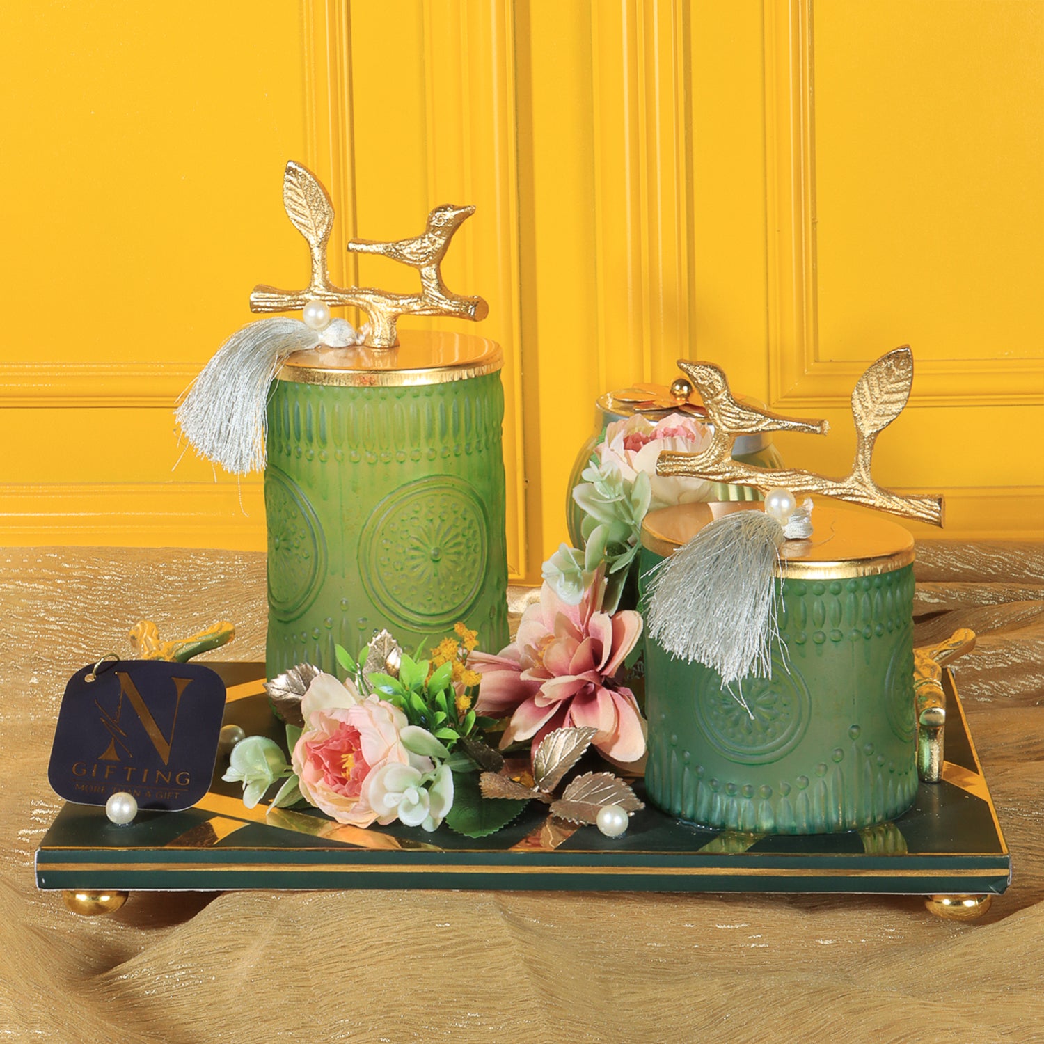 Emerald Bird Set: Hamper Trays | Metal Jar