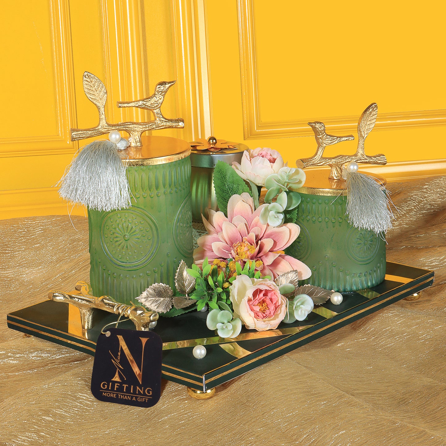 Emerald Bird Set: Hamper Trays | Metal Jar