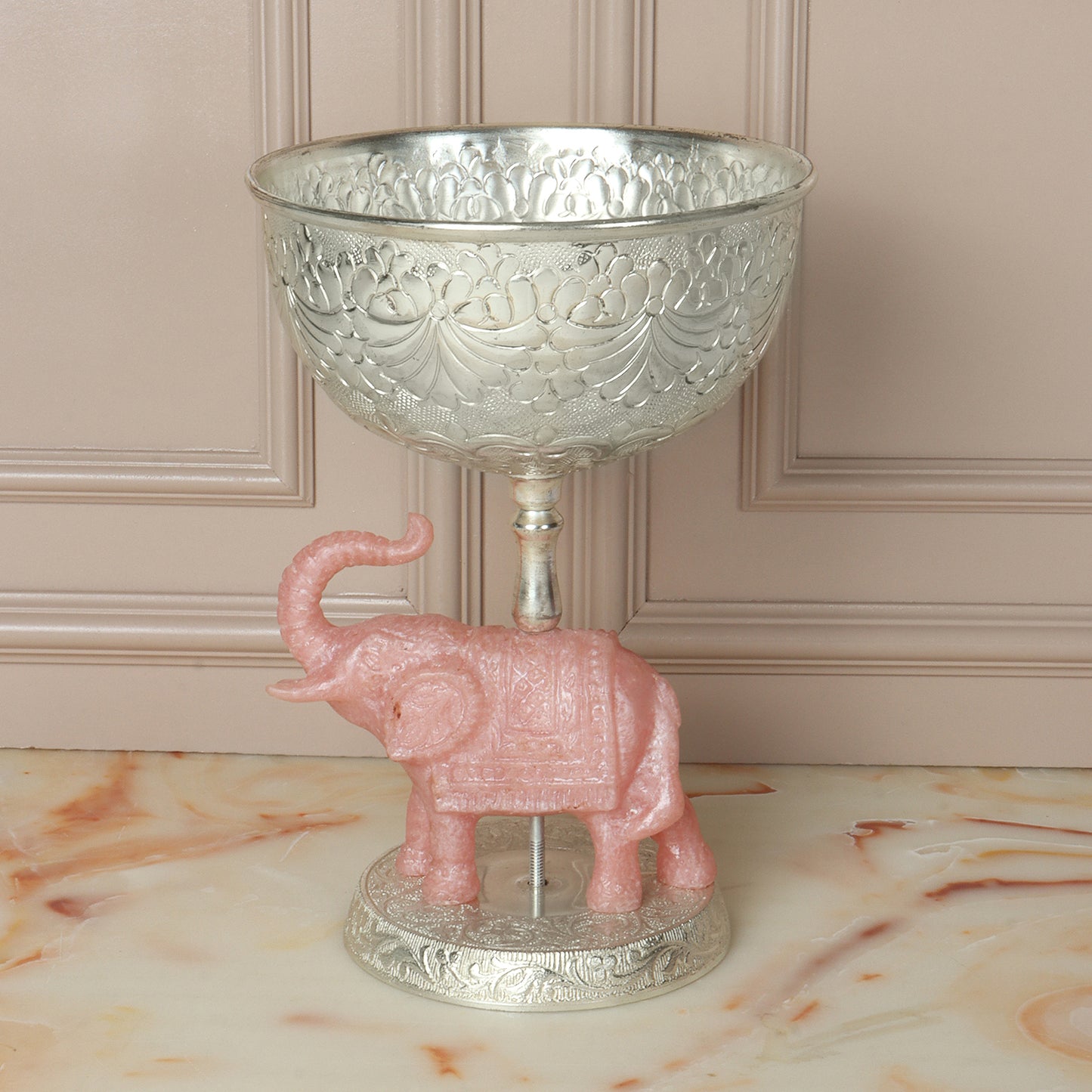 Silver Bowl with Resin Pink Elephant Stand