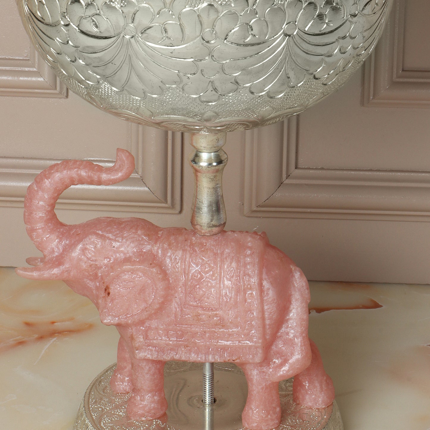 Silver Bowl with Resin Pink Elephant Stand