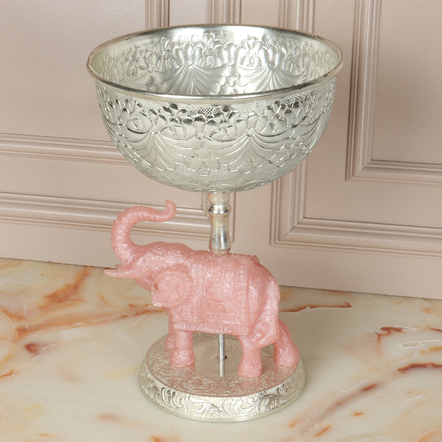 Silver Bowl with Resin Pink Elephant Stand