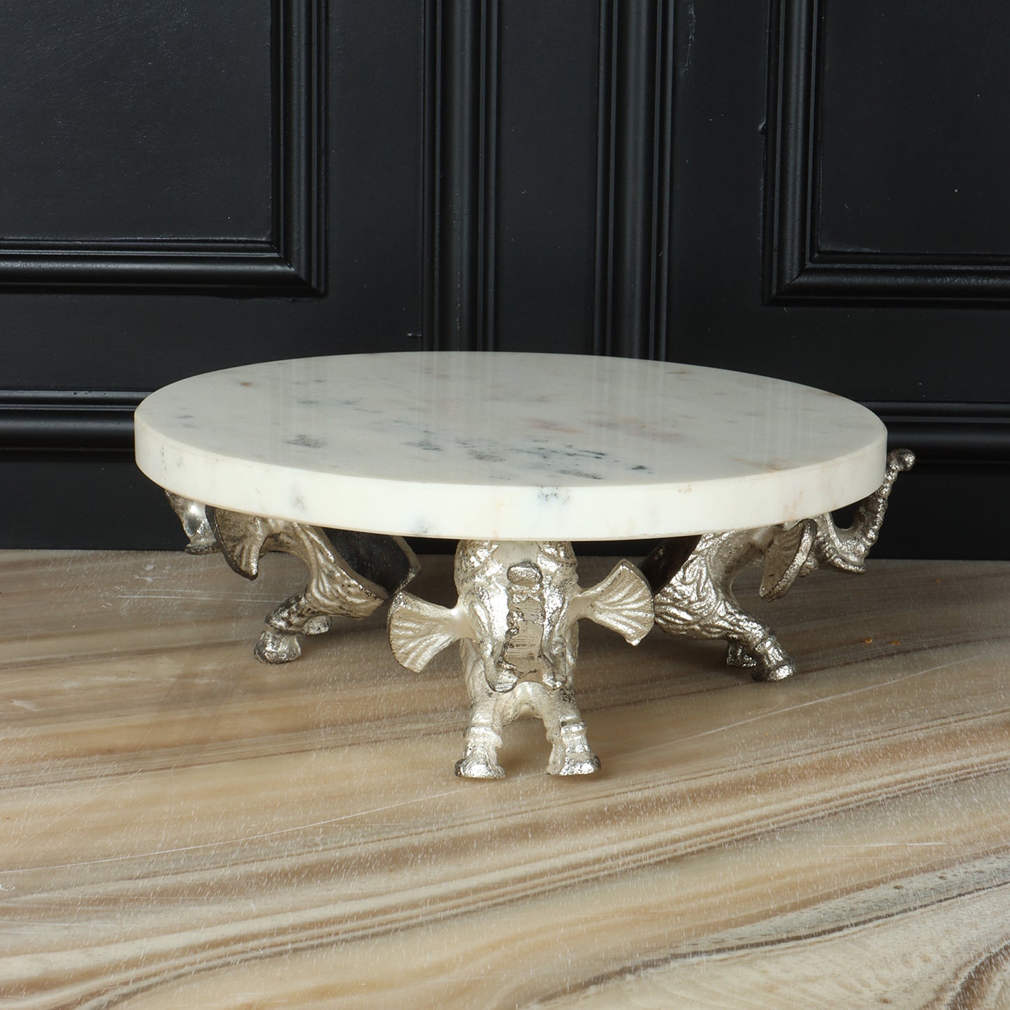 White Marble Stand with Elephant Motif Silver Base