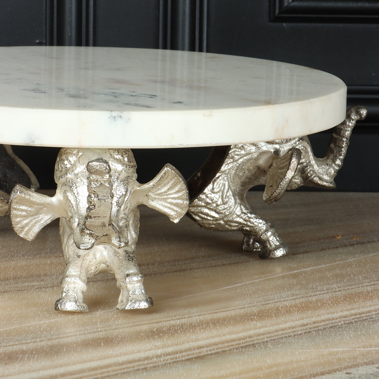 White Marble Stand with Elephant Motif Silver Base