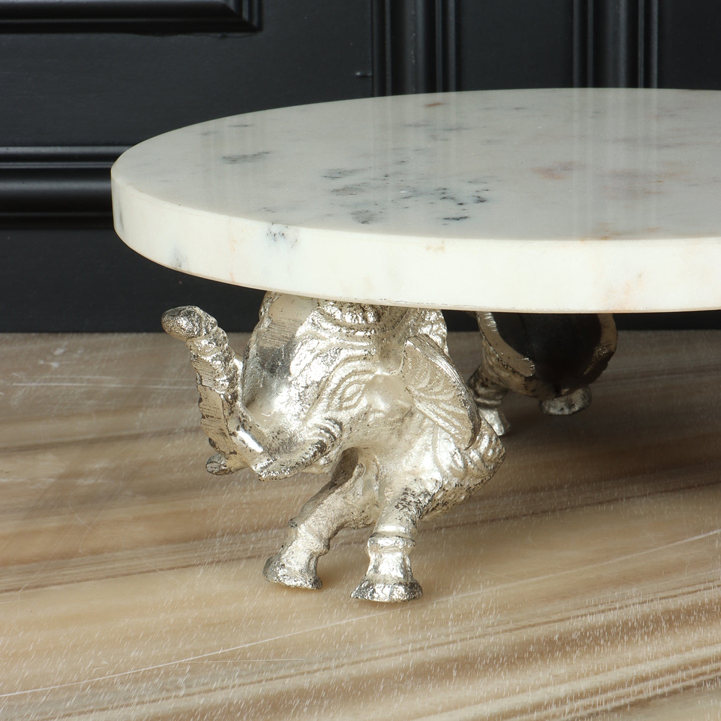 White Marble Stand with Elephant Motif Silver Base